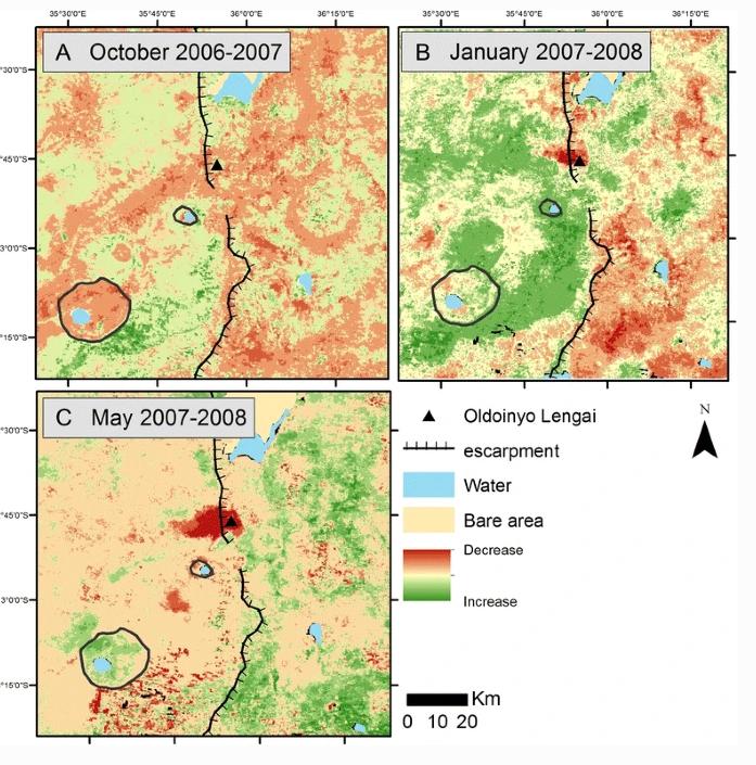 OldoinyoLengai火山灰沉降物，对植被的生长与恢复造成了哪些影响