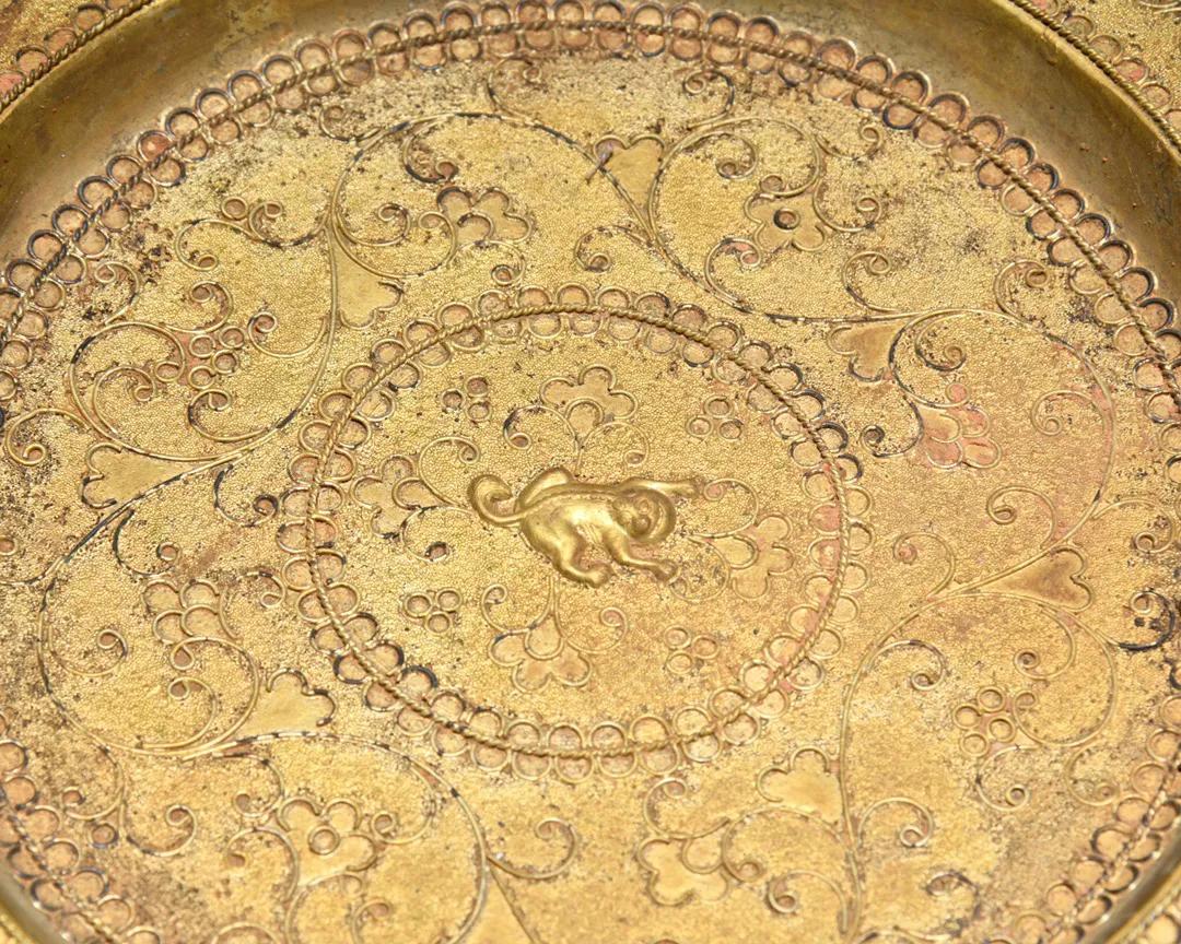 回流镀银盘,鎏金五足铜盘