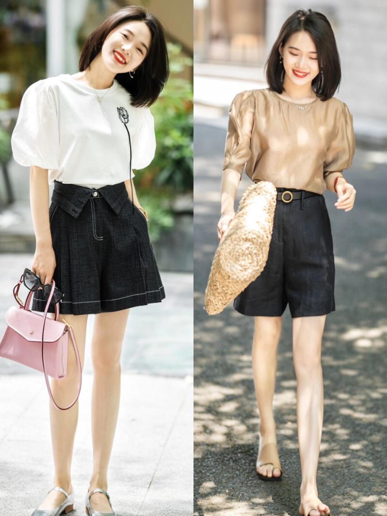 时尚短袖衫搭配气质西装短裤,短袖衬衫搭配超短百褶短裙