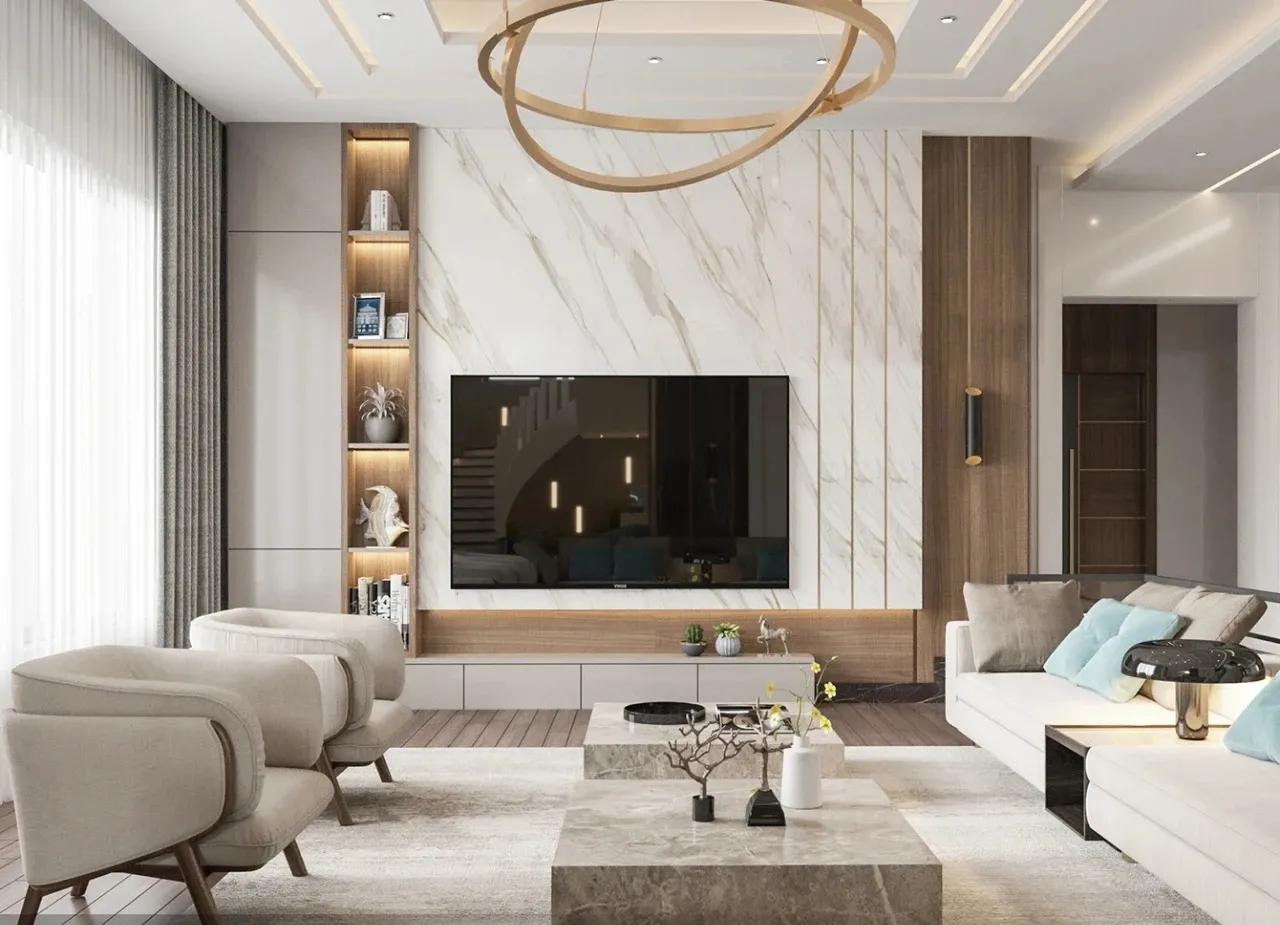 石膏线电视背景墙尺寸3.1米效果图,轻奢风装修2022新款电视背景墙纸