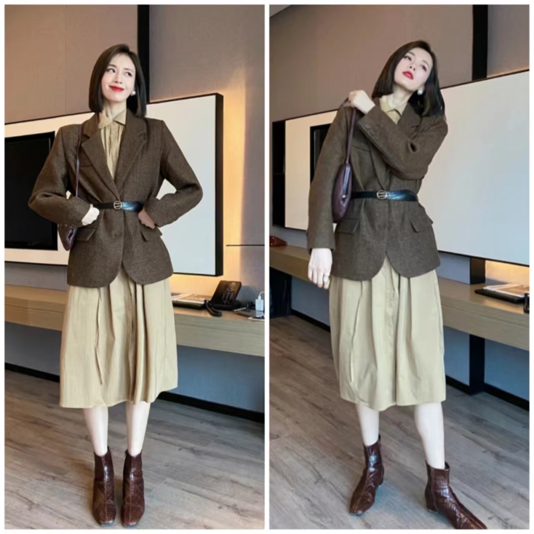 长款西装外套搭配长裙,西装外套搭长裙国风套装