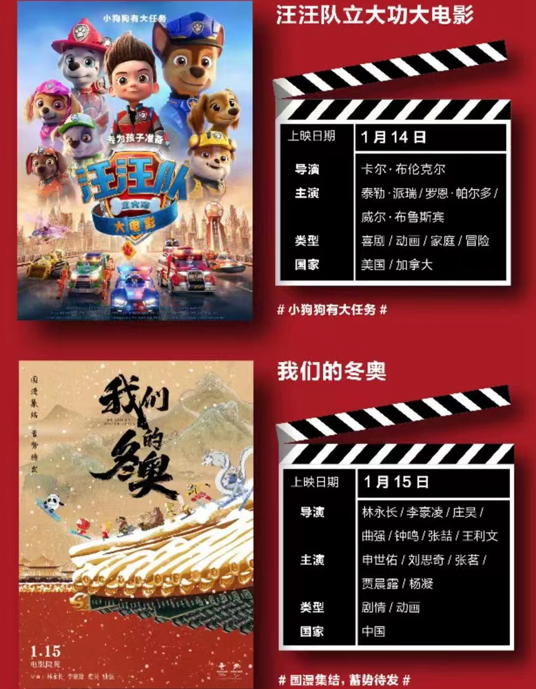 2020年1月内地院线公映片单,2022年1月电影院线上映名单