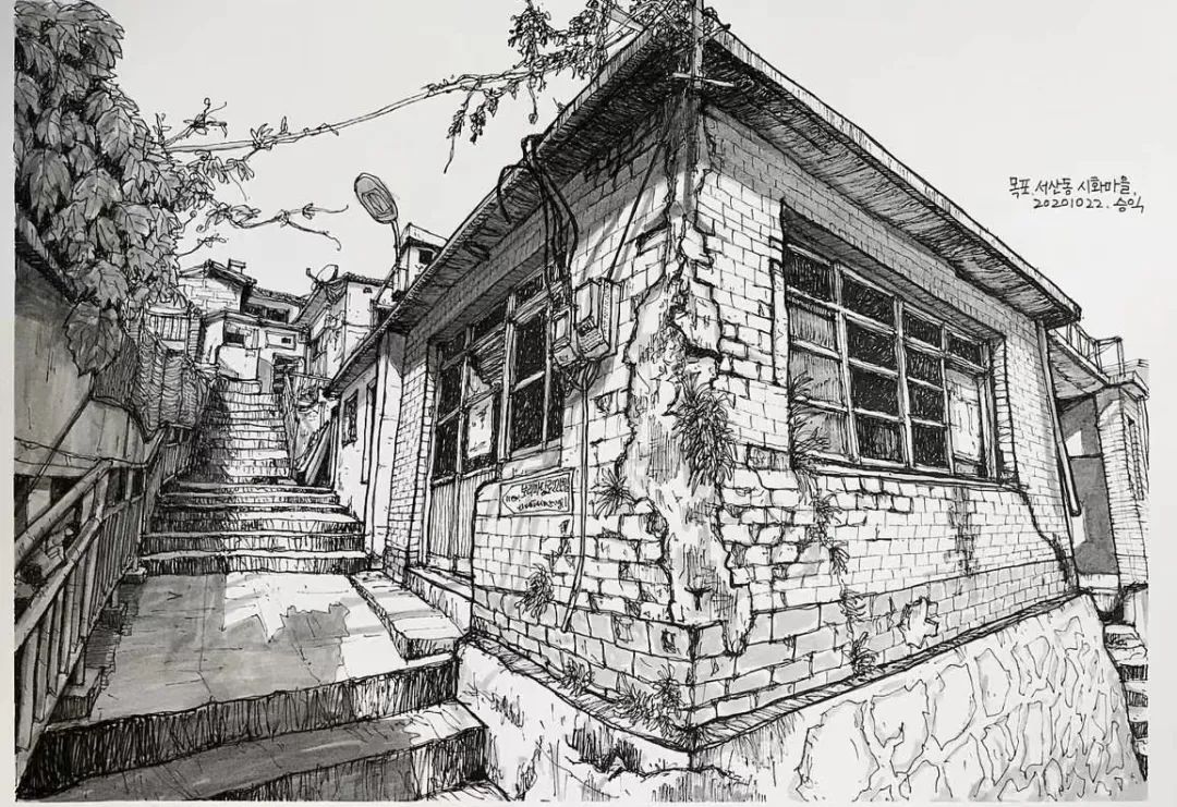 日本画家创作的铅笔街景速写,韩国速写大师