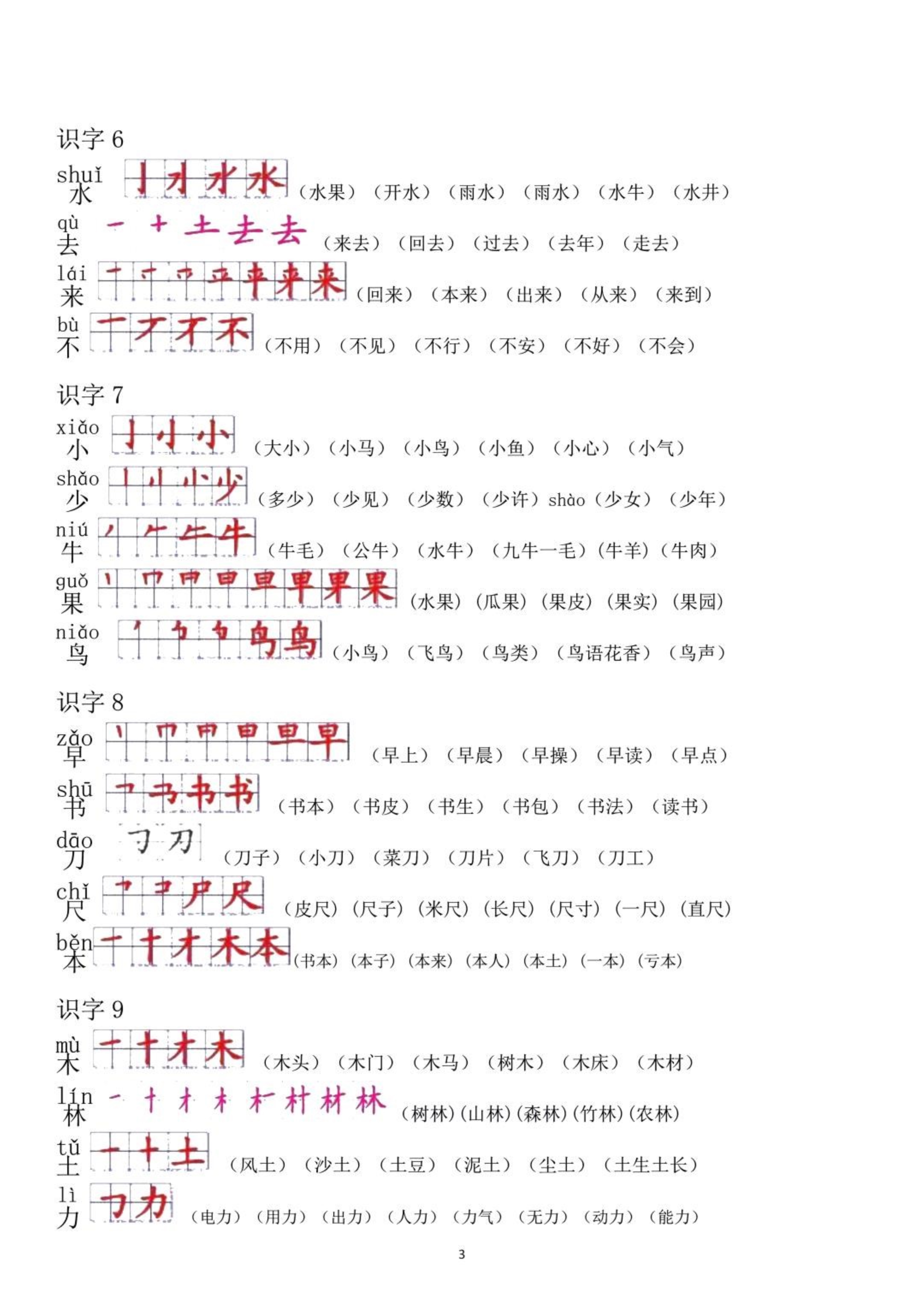 部编版一年级下册生字笔顺打印版,人教版一年级上册语文生字表笔顺