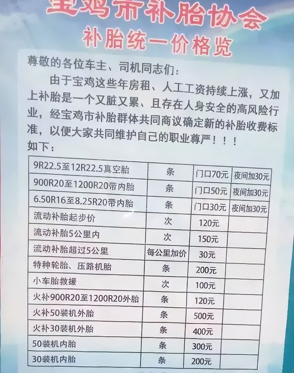 外出补胎收费标准是多少汽车,当前补胎价格是多少呢