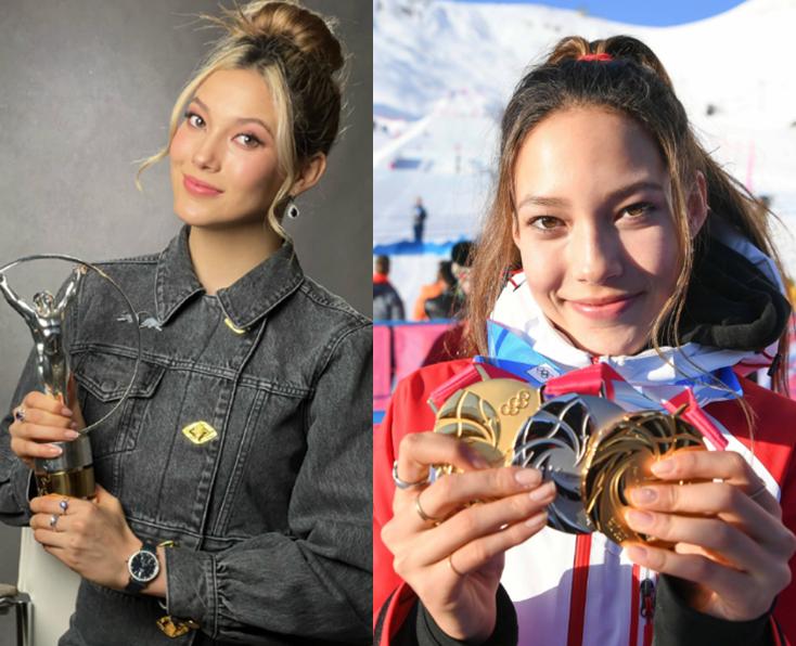 谷爱凌夺冠披国旗照片,谷爱凌登上颁奖台