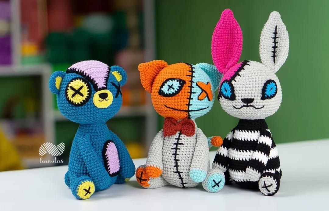 万圣节补丁娃娃3款，补丁熊、猫和兔，全员搞怪萌，附钩针图解