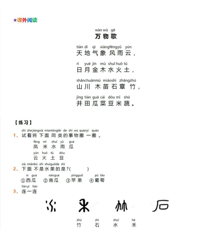 小学一二年级每日一分享阅读理解--《万物歌》