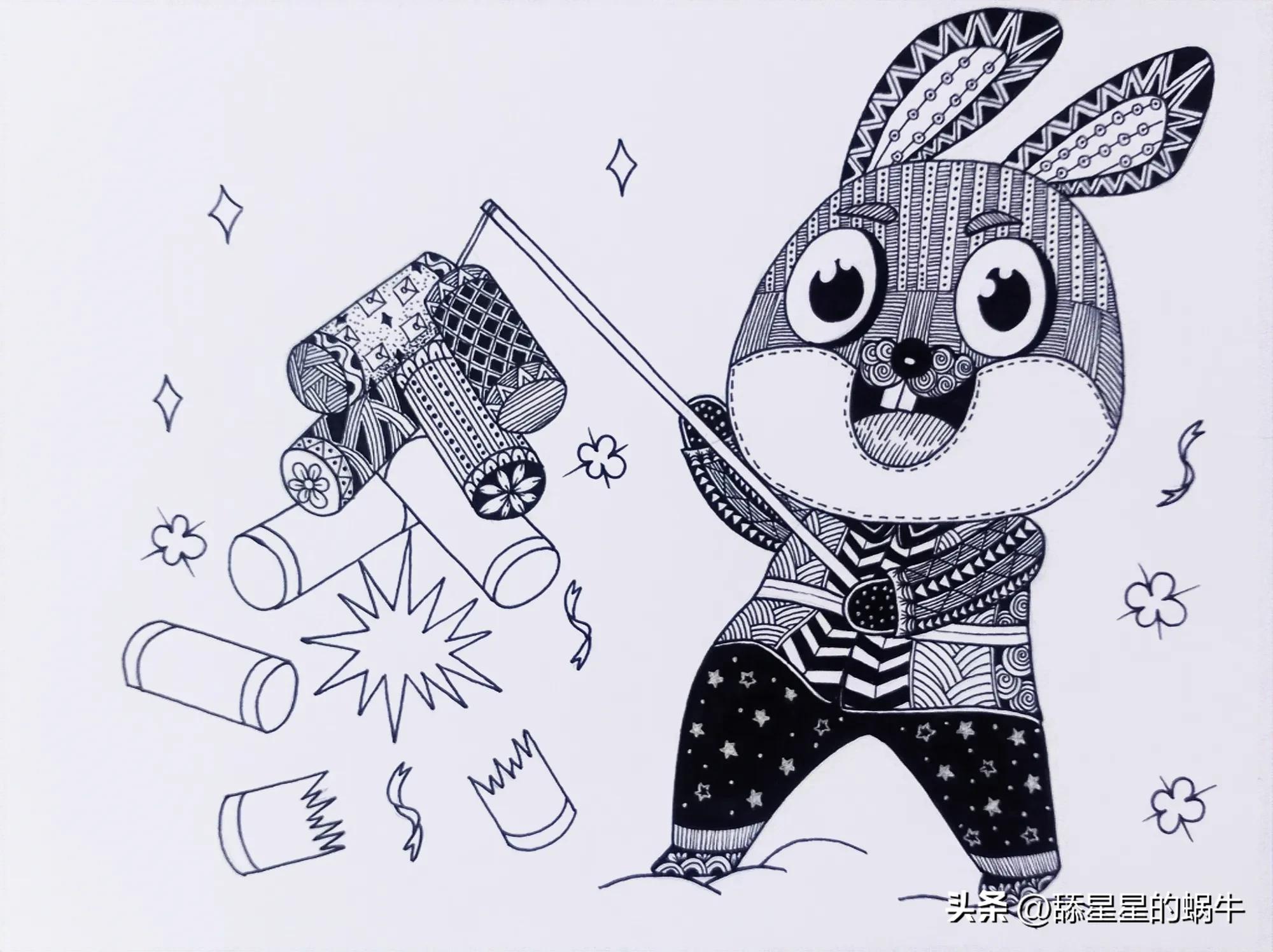 黑白线描画兔年大吉图文版,兔年主题画线稿怎么画