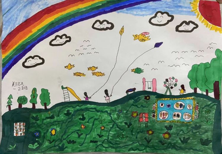 二年级七彩童年绘画,用七彩画笔绘童年